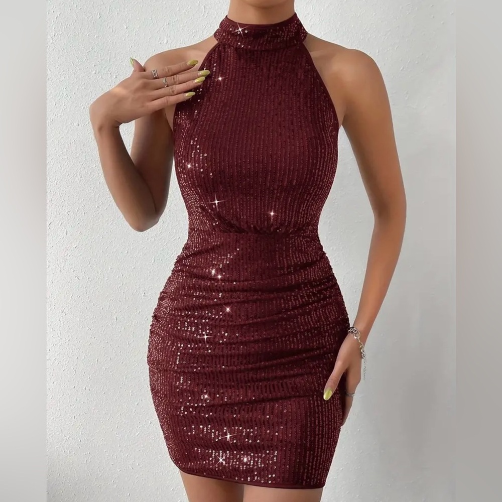 Burgundy Red Sequin Halter Neck Ruched Bodycon Mini Dress
